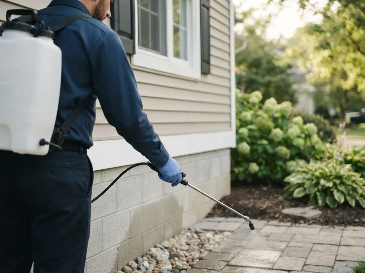 Pest control technician inspecting a home in Farley, MO